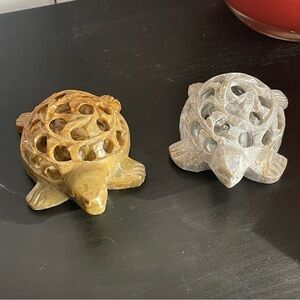 LAST CHANCE Set/2 Carved Turtles Soapstone Home Decor Paperweight Office Coastal